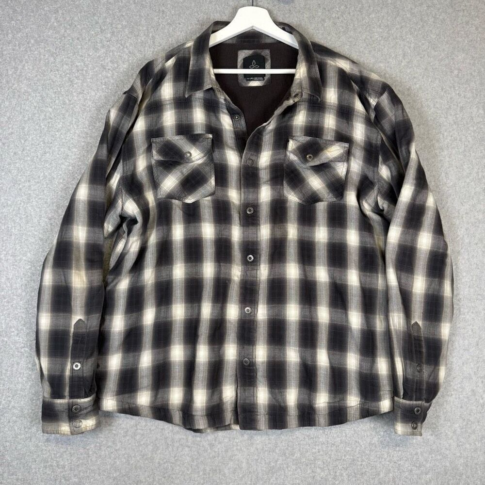 PrAna Men's Size XXL 2XL Grey Black White Long Sleeve Button Down Shirt